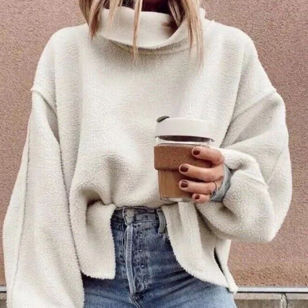 Free People Women's Elk Mountain Fleece Pullover Opal Silk Ivory Funnel